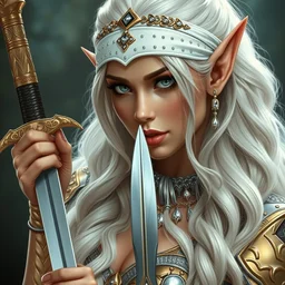 kim kardarshian as a fantast beauty detailed elf with mermaid tail adriana lima, with a curved sword, platinum white wavy long hair, white headband in the front with diamonds, jewelry body armor in golden and silver colors, pointy ears, detailed, epic masterpiece of cinematographic hyperrealism, realistic shaded lighting poster by craig mallismo, artgerm, jeremy lipkin and michael