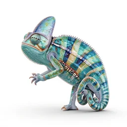 crystal chameleon, clean 3d render, full body, isolated on a pure white background, centered, entire subject in frame, sharp focus, soft studio lighting