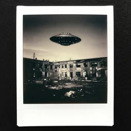 old polaroid of an ufo flying above an abandoned hospital during world war 2, award winning, fallout, nuclear ashes, pictorialism, black and white, low light