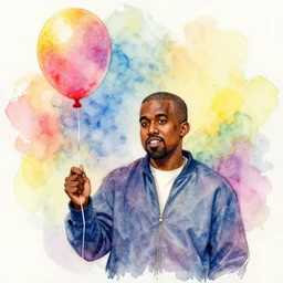 watercolor illustration of kanye west holding a birthday balloon, colorful, artistic, vibrant, art