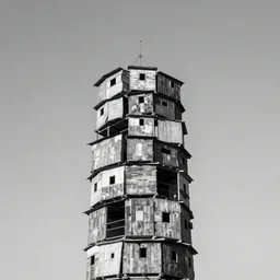 a tower made up of makeshift squatter shacks, duotone, mamiya, 8 5 mm, f 1. 7, fully frontal view, uniform plain sky, fine details, photographed by julie blackmon