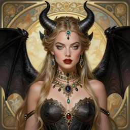 Margot Robbie as a Demon Goddess, Bat Wings, cute, fantasy, intricate, elegant, highly detailed, digital painting, 4k, HDR, concept art, detailed jewelry, smooth, sharp focus, head and waist potrait, art by Artgerm and H R Giger and Greg Rutkowski and Alphonse Mucha