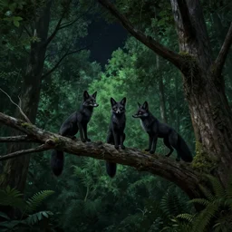 three black foxes sitting on a high branch in a tree, dense green forest, night time, pitch black sky, stars, fantasy art extreme low angle shot, detailed illustration, hd, overdetailed art, photorealistic, trending on ArtStation, concept art, cgsociety, octane render, trending on artstation, artstationHD, artstationHQ, unreal engine, 8k