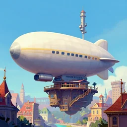 scifi blimp airship docked at a floating victorian era city, dnd illustration, colorful, vibrant, reminiscent of treasure planet by disney