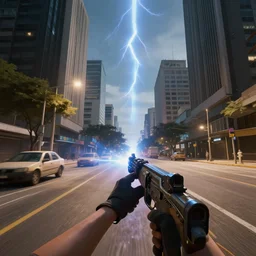 a first person shooter game trailer on avenida paulista, cinematic lightning, ray tracing, unreal engine 5, photorealistic