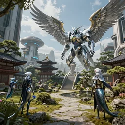 by artgerm and agostino arrivabene, visually stunning, cinematic, ultra realistic, hyper realism, 1 2 k, epic, octane render, unreal engine, vfx, maya, japanese garden in a space fortress, edgewall inkeeper, silverwing squaldron, galedrifter, hightide hermit, merfolk falconer, silvergill adept