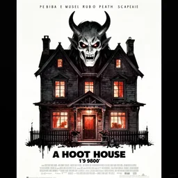 a ghost house with a demonic face. 1 9 8 0's horror movie poster