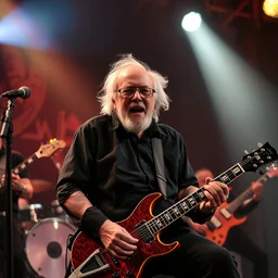 publicity photo still of bernie sanders in a death metal band playing live on stage, 8 k, live concert lighting, mid shot