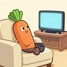 a carrot sitting on the sofa and watching TV, cartoon