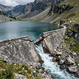A broken lake dam high in the mountains made from stone. The dam is broken in the middle causing the river below to overflow.Fantasy, concept art, sharp focus, artstation