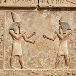 ancient egyptian stone wall carving of superman visiting the people. high quality photograph