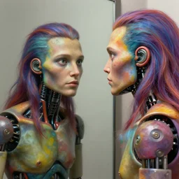 a photorealistic digital art drawing of a colorful humanoid synthetic silicon robot with human features, long hair, dimples and a strong jawline staring at its own reflection in a mirror high resolution detailed organic lifelike