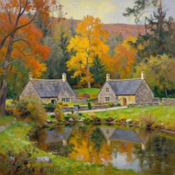 stone cottages underneath glen affric forest, pristine ponds. bodyscapes. fine painting intricate brush strokes, bright depth oil colors. 2 8 mm perspective multisourced photography by araken alcantara. intense promiseful happiness, autumn sunrise warm hdri forest light