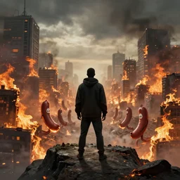 faceless man stands on a cliff and watches a city of sausage people burn