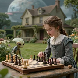 sharp, highly detailed, still from a sci fi blockbuster color movie made in 2019, set in 1860, of a girl playing chess with their small pet humanoid alien creature, in the garden of a house on an alien planet, are all wearing 1860s era clothes, cinematic lighting, 350mm f/1.4L lens