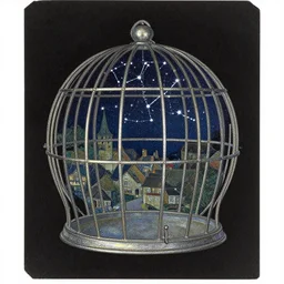 night time in an english village, spherical cage, constellation, spherical shiny sparkly metallic cage, by mucha on black worn paper