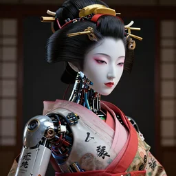 portrait of a beautiful japanese robotic geisha with tubes and computerchips and wires and kanji tattoos and decals, dramatic lighting, hyper realistic, insanely intricate details, japanese model, 8 k ultra high definition, octane render
