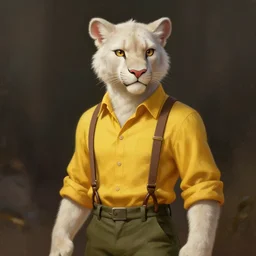 fursona commission anthropomorphic albino mountain lion wearing a yellow button-down shirt, olive green slacks and suspenders. pretty, beautiful, DnD character art portrait, matte fantasy painting, DeviantArt Artstation, by Jason Felix by Steve Argyle by Tyler Jacobson by Peter Mohrbacher, cinematic lighting