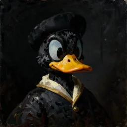 refined gorgeous blended oil painting with black background by christian rex van minnen rachel ruysch dali todd schorr of a chiaroscuro portrait of darkwing duck dutch golden age vanitas intense chiaroscuro cast shadows obscuring features dramatic lighting perfect symmetry perfect composition masterpiece