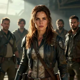 fallout 5, charismatic beautiful rugged brunette female protagonist, portrait, indoor setting, atmospheric lighting, rim light, painted, intricate, volumetric lighting, beautiful, daytime, sunny weather, slight overcast, sharp focus, deep colours, ultra detailed, by leesha hannigan, ross tran, thierry doizon, kai carpenter, ignacio fernandez rios