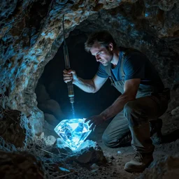 a man mining diamond in a cave, diamond glowing blue light, ultra detailed, by Tomasz Alen Kopera and greg rutkowski