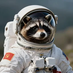 a playful raccoon dressed as a soviet cosmonaut, close up, space helmet