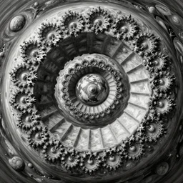 elaborate spiral, fractal, staircase into the center of earth by m. c. escher