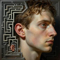 labyrinth inner ear portrait by gaston bussierre and charles vess and james jean and erik jones and rhads, inspired by rutkowsky and mc escher, epic, huge scale, beautiful fine face features, intricate high details, sharp, ultradetailed