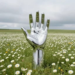 a monolithic chrome hand in of a meadow of daises, horizon, overcast day