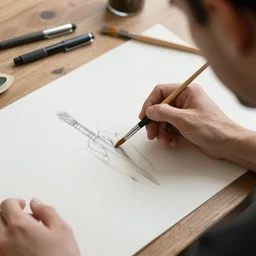 man buys brushes and canvases pen's sketch
