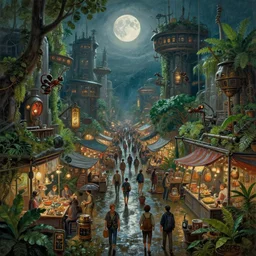 busy steampunk cyberpunk wet market metropolis, lush foliage, full moon, ants eye view, hyper real painting by chiara bautista karl kopinski kim jung giu and weta studio, and lucasfilm and jesper ejsing and norman rockwell greg rutkowski frank frazzeta