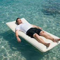 Elon musk laying on water matress, swimming in the sea and chilling, beatiful weather, shot from instax, hyper realistic photo, ultra hd