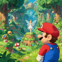mario looks at a stunning fairy landscape with the mushroom kingdom from super mario bros in the middle of the forest, ornate, intricate, in the style of miyazaki, studio ghibli, hyper detailed
