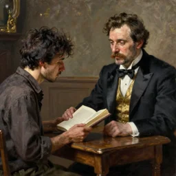 a beautiful 8 k photorealistic masterpiece oil painting, a poor writer selling his book to a rich man in a fancy suit, hyperrealism, 1 6 k, trending on artstation