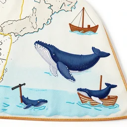 cape with a map of the sea and whales on it. boat. fabric, stitched. whales. harpoon. humpback