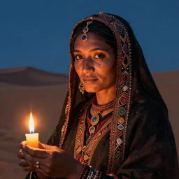 nomad tribe woman of the desert in night, candles light,, close - up portrait, poor, intricate, elegant, volumetric lighting, scenery, digital painting, highly detailed, artstation, sharp focus, illustration, concept art, ruan jia, steve mccurry