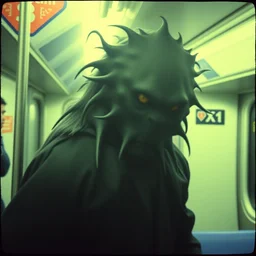 ominous grainy surveillance photo still of scary monster in style of trevor henderson inside toronto subway