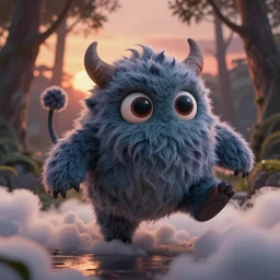 cute demon fruit furry monster, dynamic pose, in clouds, sunset, in a forest, big eyes, portrait by greg hildebrandt, studio lighting, muted colors, by terry richardson, by frank frazetta, extreme detail, reflections, trending on artstation, 8 k