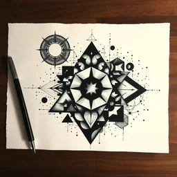 tattoo design on paper, random geometric shapes, heavy black ink, monotone, art nouveau, art by greg rutkowski, joe fenton