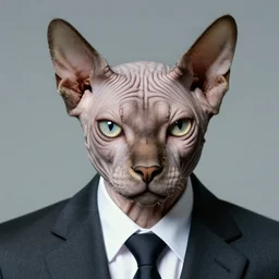 photographic portrait of a wrinkly sad max ernst hairless cat face, wearing a suit, editorial