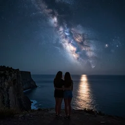 two girls hugging under a starry sky, photo taken on a cliff by the sea, the milky way is reflecting on the sea water, 4k detailed reflections, digital art