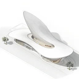 sculptural curved roof planes lift and descend creating shade and architectural expression, axonometric drawing