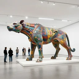 etablishing wide view shot of stunning colorful fascinating massive * poetic * sculpture of a mythic creature animal by * beth cavener * in empty empty white space exposiion. elegant animal living form. with collaboration of ellen jewett, zhelong xu, beth cavener, sayaka ganz, edouard martinet, john o'reilly and judith klaus