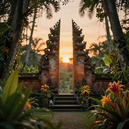 a jungle temple surrounded by tropical flowers, with a sunset, by alex horley, bokeh photography