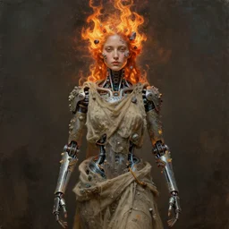oil portrait | single character | full medium shot | front close - up | dressed in long rags with minerals, robotic, fire in your hair, ethereal, biblically accurate goddess, tiny mineral embellishments on the face, particles, octane render, devianart, fine art, intrincate. by peter mohrbacher, marc simonetti, anna podedwor