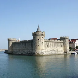 a large medieval harbor with a high tower in the middle of water