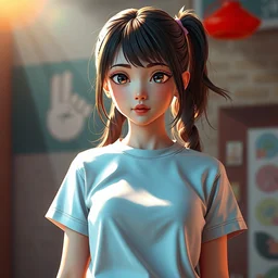 wlop and krenz kushart and alphonse mucha, digital art of an anime girl wearing a cute t - shirt, sunbeam, unreal engine, hyperrealism, cinematic composition, blender render, octane render, hdr, detailed textures