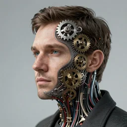 man pulling away his face to reveal a mesh of gears and wires underneath, highly detailed, digital art
