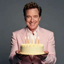 bob odenkirk, grinning, wearing a light - pink suit, holding a light - yellow birthday cake, lit candles, studio photograph, cinematic lighting, symmetrical face
