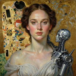 Masterpiece painting of Nathalie portman as a Venus drawn by Donato Giancola and Tom Bagshaw, face by Artgerm and Edmund Leighton, Alphonse Mucha, background by James Jean and Gustav Klimt, 4k, partial robotic body, volumetric Lighting, porcelain skin, komorebi, french nouveau, trending on pixiv